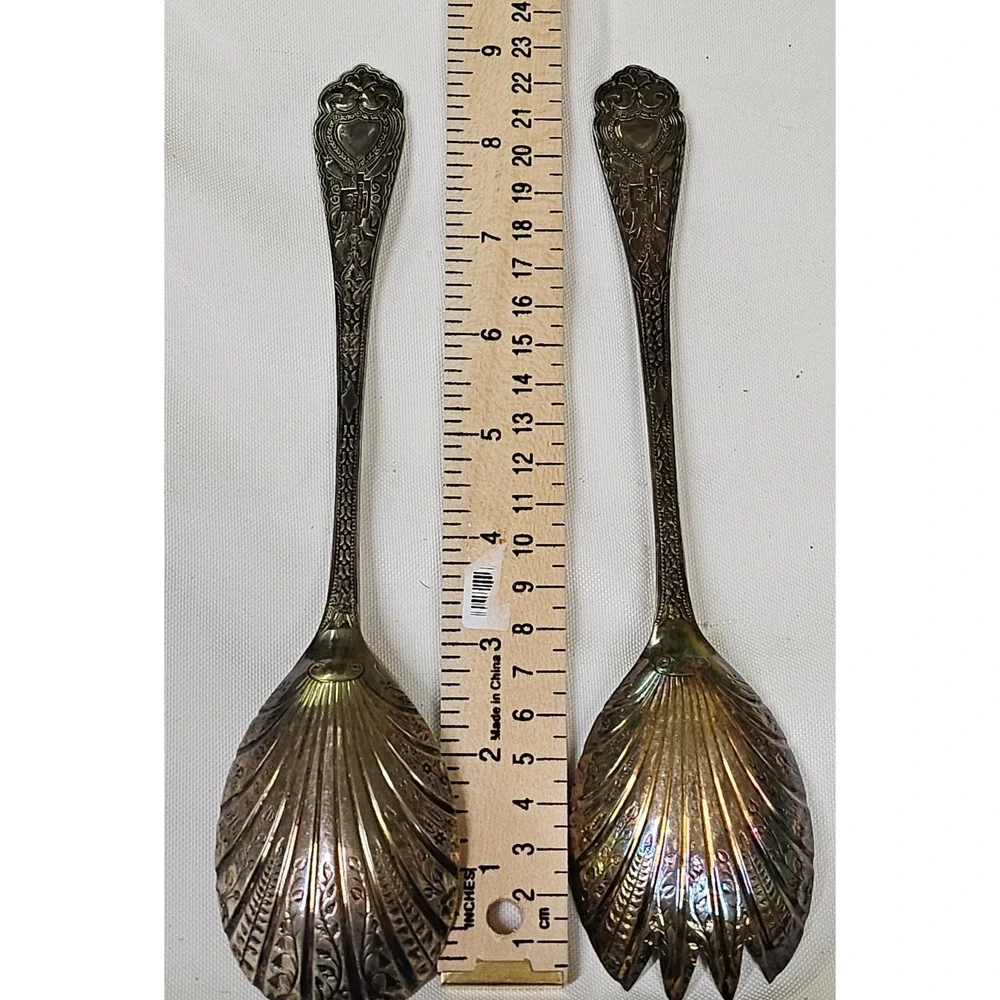 Vtg WA‎ Sheffield England EPNS Shell Salad Servers Spoon Fork Set Silver Plate